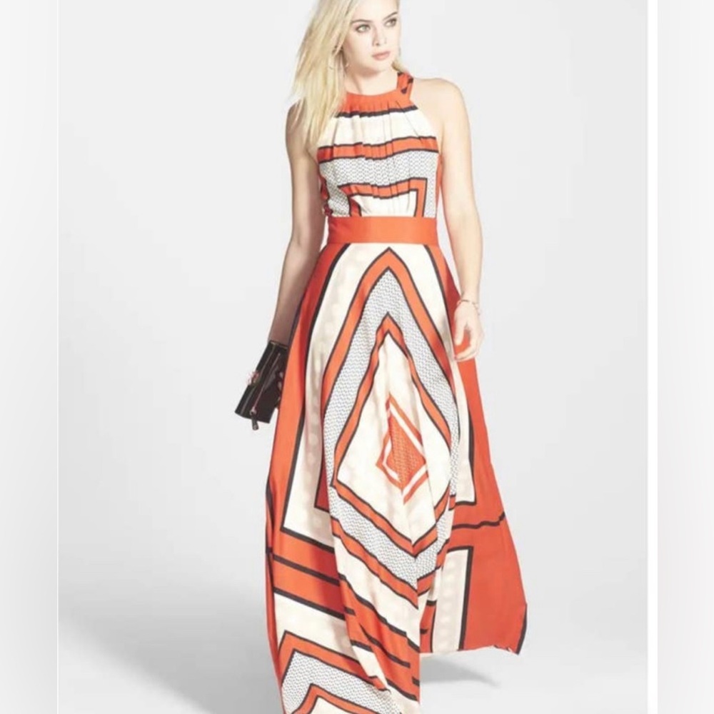 Eliza J Scarf Print Crêpe de Chine Fit & Flare Maxi Dress Sz.6